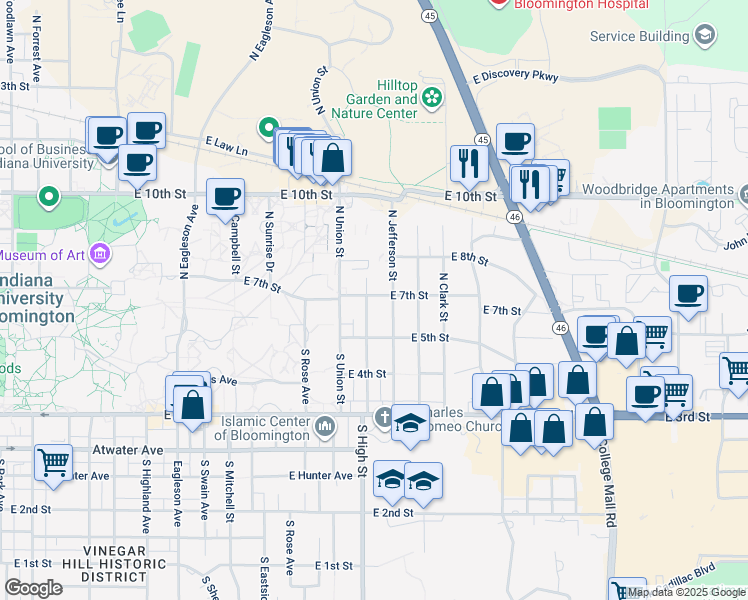 map of restaurants, bars, coffee shops, grocery stores, and more near 134 North Bryan Avenue in Bloomington