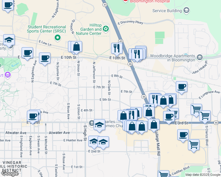 map of restaurants, bars, coffee shops, grocery stores, and more near 134 North Clark Street in Bloomington