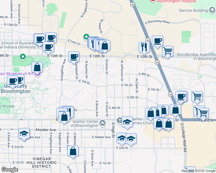 map of restaurants, bars, coffee shops, grocery stores, and more near 134 North Union Street in Bloomington