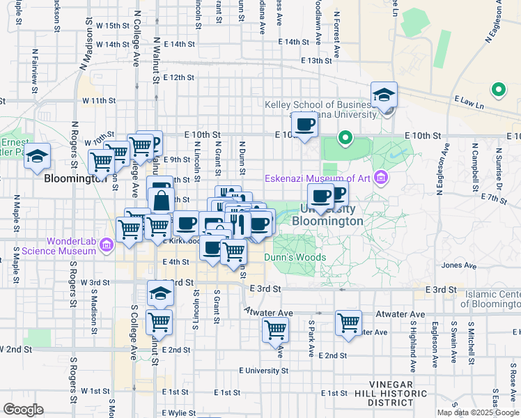 map of restaurants, bars, coffee shops, grocery stores, and more near 215 North Indiana Avenue in Bloomington