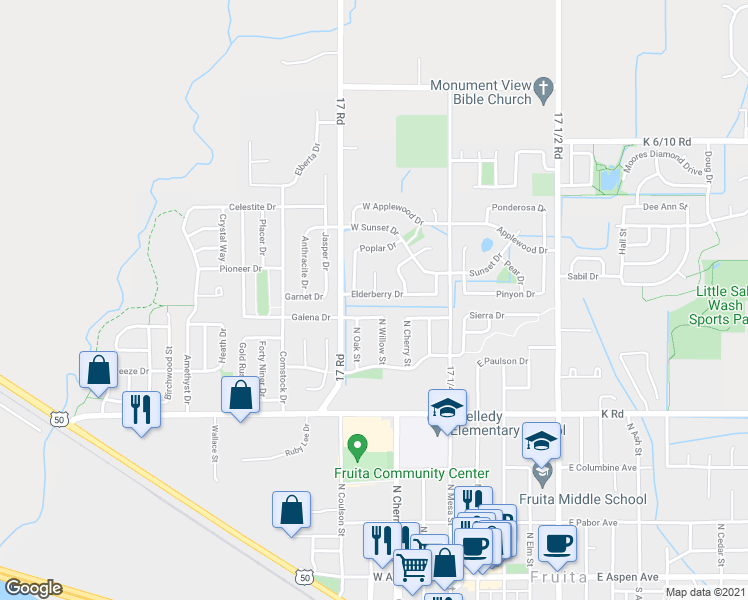 map of restaurants, bars, coffee shops, grocery stores, and more near 340 Elderberry Drive in Fruita