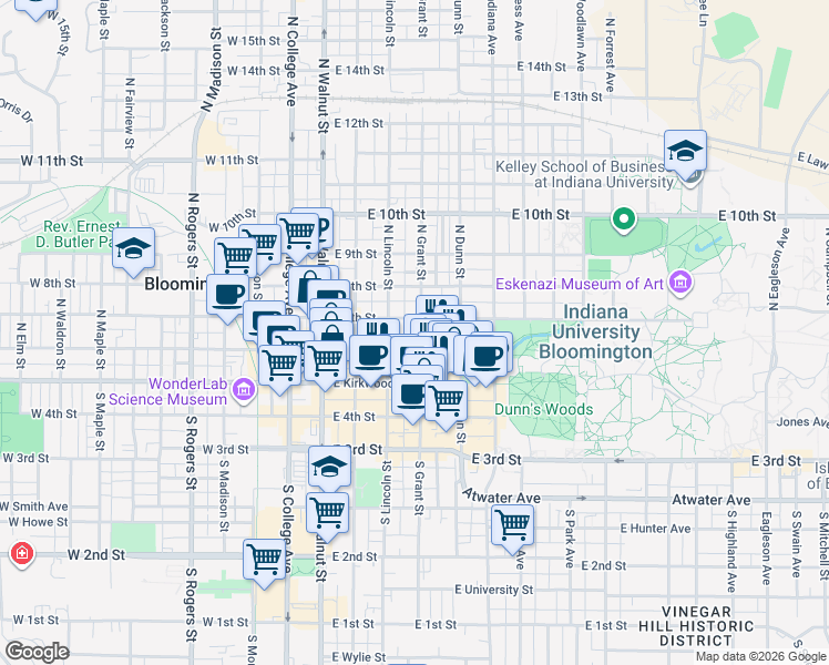 map of restaurants, bars, coffee shops, grocery stores, and more near 309 East 6th Street in Bloomington