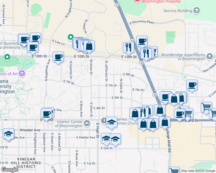 map of restaurants, bars, coffee shops, grocery stores, and more near 2210 East 7th Street in Bloomington