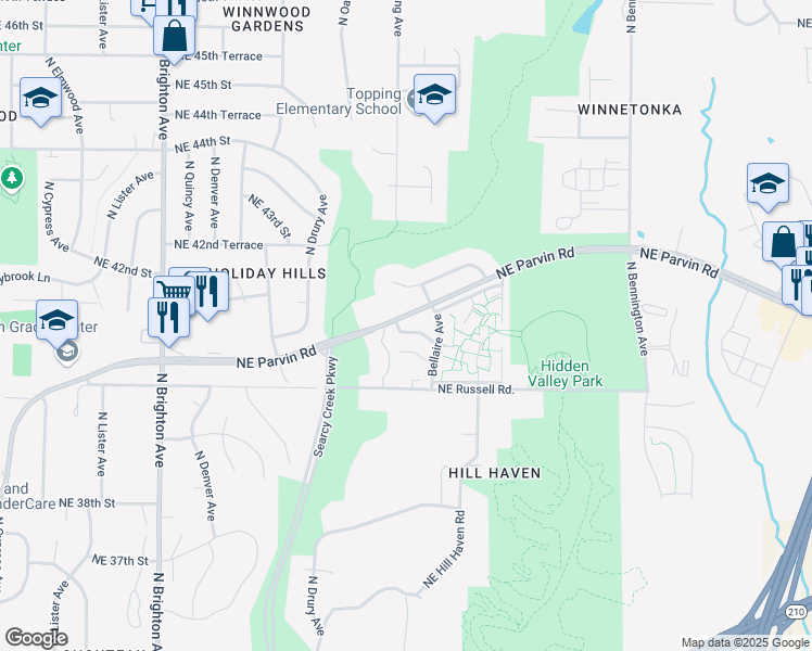 map of restaurants, bars, coffee shops, grocery stores, and more near 5804 Northeast 41st Street in Kansas City