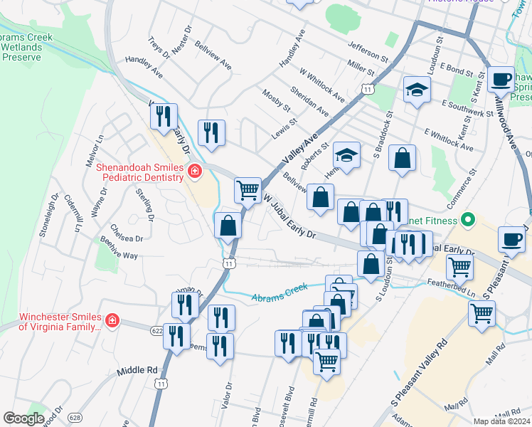 map of restaurants, bars, coffee shops, grocery stores, and more near 300 Jubilee Court in Winchester