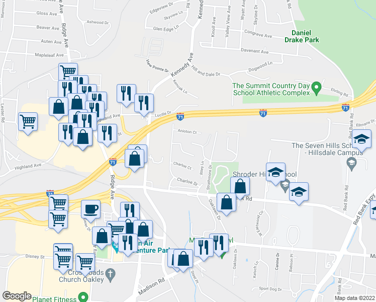 map of restaurants, bars, coffee shops, grocery stores, and more near 3728 Kanauga Court in Cincinnati