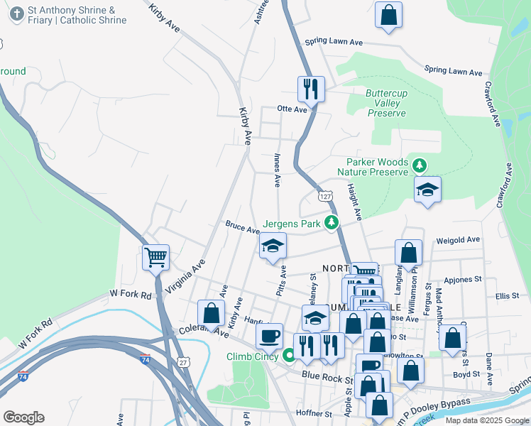map of restaurants, bars, coffee shops, grocery stores, and more near 1710 Bruce Avenue in Cincinnati