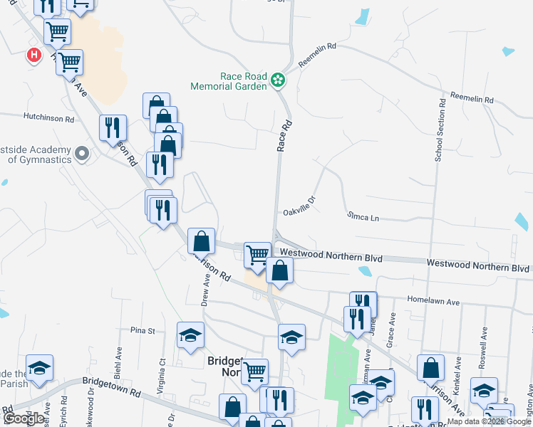 map of restaurants, bars, coffee shops, grocery stores, and more near 4241 Race Road in Cincinnati