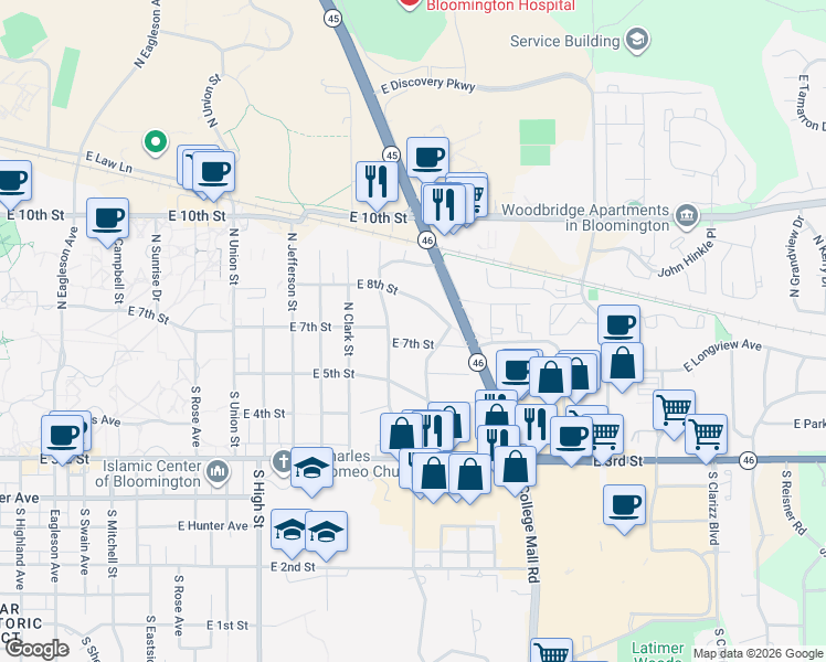 map of restaurants, bars, coffee shops, grocery stores, and more near 2531 East 7th Street in Bloomington