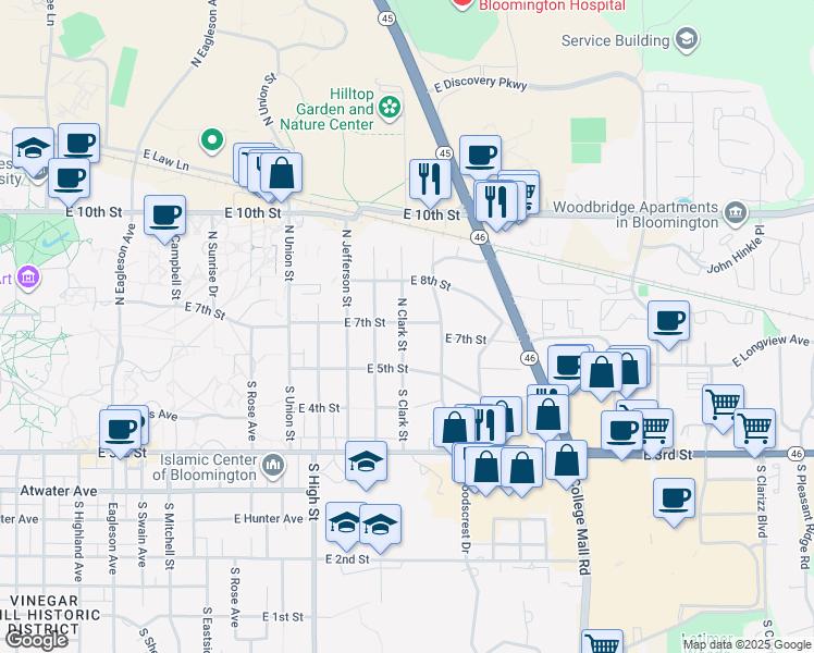 map of restaurants, bars, coffee shops, grocery stores, and more near 134 North Clark Street in Bloomington