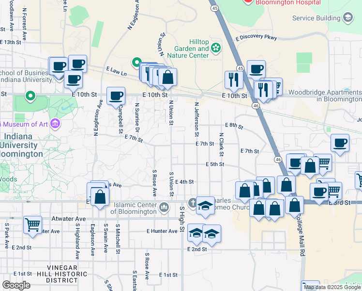 map of restaurants, bars, coffee shops, grocery stores, and more near 134 North Bryan Avenue in Bloomington