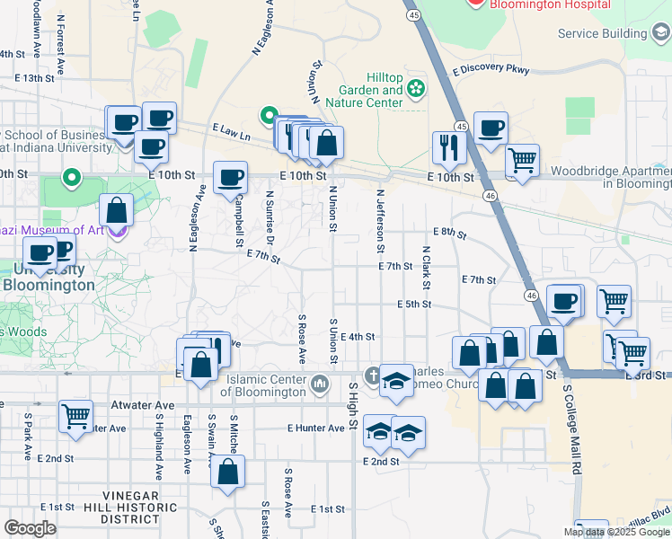 map of restaurants, bars, coffee shops, grocery stores, and more near 134 North Union Street in Bloomington