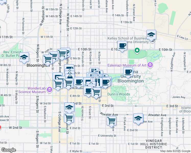 map of restaurants, bars, coffee shops, grocery stores, and more near 415 East 6th Street in Bloomington