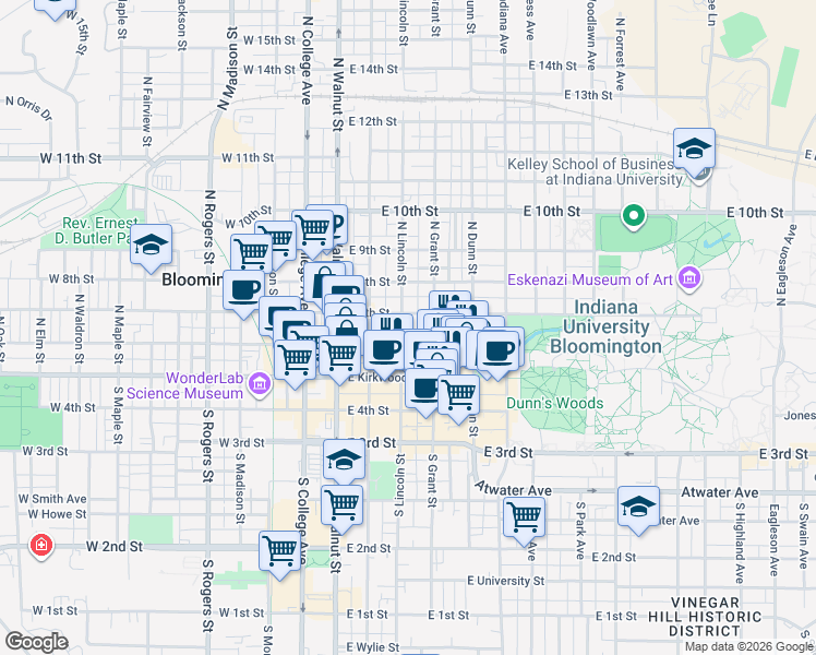 map of restaurants, bars, coffee shops, grocery stores, and more near 309 East 6th Street in Bloomington