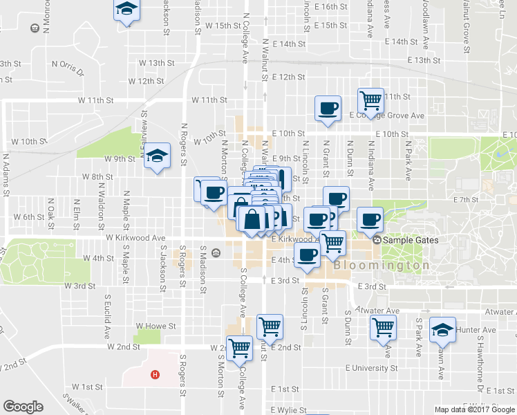 map of restaurants, bars, coffee shops, grocery stores, and more near 210 North Walnut Street in Bloomington