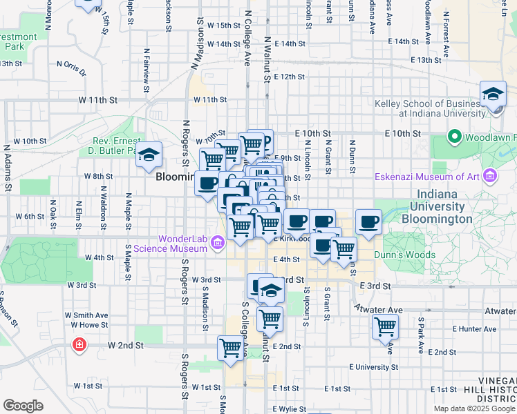 map of restaurants, bars, coffee shops, grocery stores, and more near 210 North Walnut Street in Bloomington