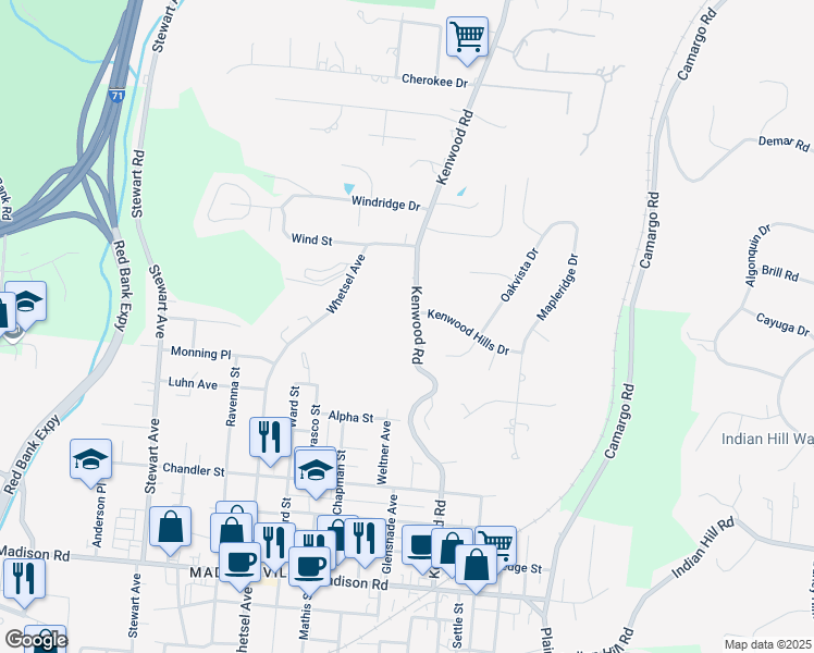 map of restaurants, bars, coffee shops, grocery stores, and more near 5559 Kenwood Rd in Cincinnati