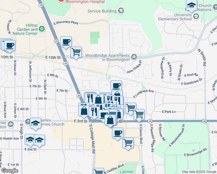 map of restaurants, bars, coffee shops, grocery stores, and more near 301 North Pete Ellis Drive in Bloomington