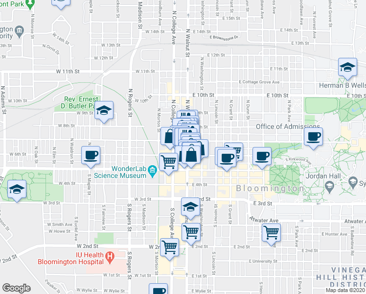map of restaurants, bars, coffee shops, grocery stores, and more near 210 North Walnut Street in Bloomington