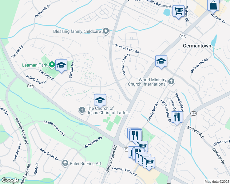 map of restaurants, bars, coffee shops, grocery stores, and more near 19000 Perrone Drive in Germantown