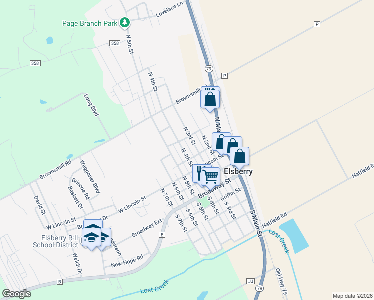 map of restaurants, bars, coffee shops, grocery stores, and more near 407 North 4th Street in Elsberry