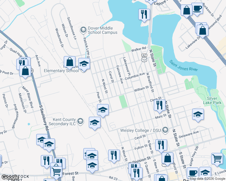 map of restaurants, bars, coffee shops, grocery stores, and more near 515 North West Street in Dover