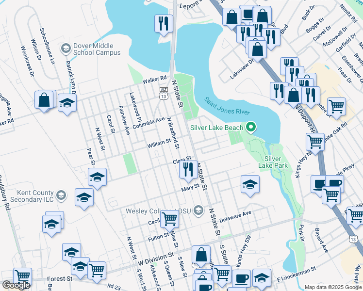 map of restaurants, bars, coffee shops, grocery stores, and more near 423 North Bradford Street in Dover