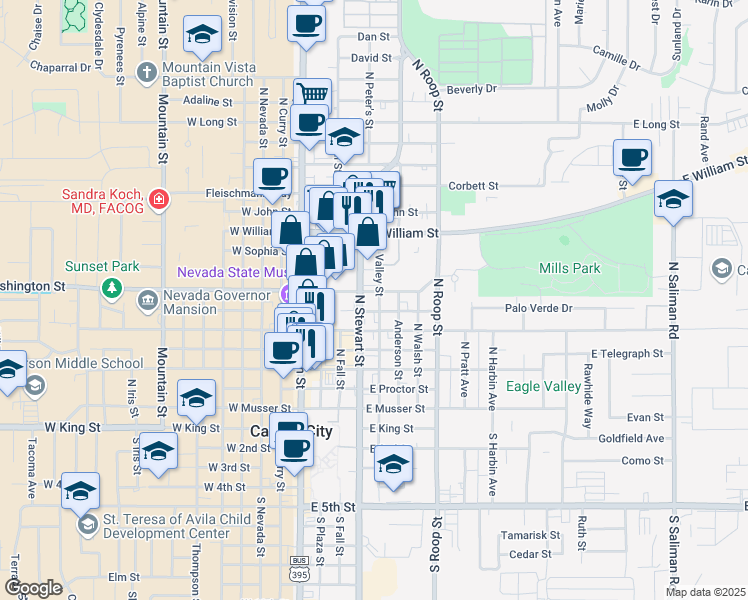 map of restaurants, bars, coffee shops, grocery stores, and more near 709 North Stewart Street in Carson City