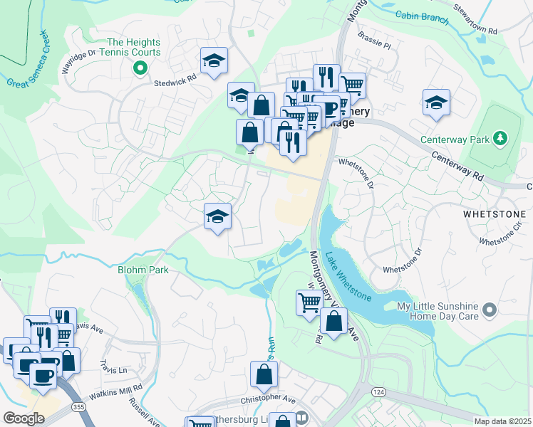 map of restaurants, bars, coffee shops, grocery stores, and more near 19058 Mills Choice Road in Montgomery Village