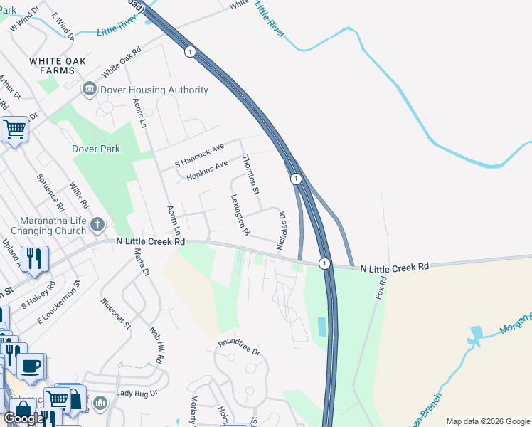 map of restaurants, bars, coffee shops, grocery stores, and more near 44 Nicholas Drive in Dover