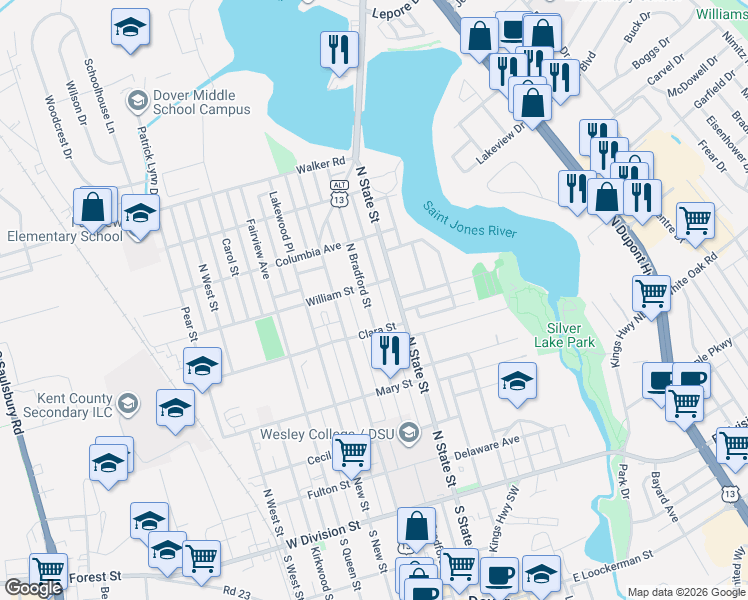 map of restaurants, bars, coffee shops, grocery stores, and more near 421 North Bradford Street in Dover