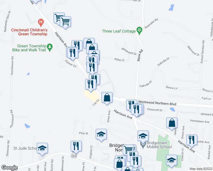 map of restaurants, bars, coffee shops, grocery stores, and more near 5632 Harrison Avenue in Cincinnati