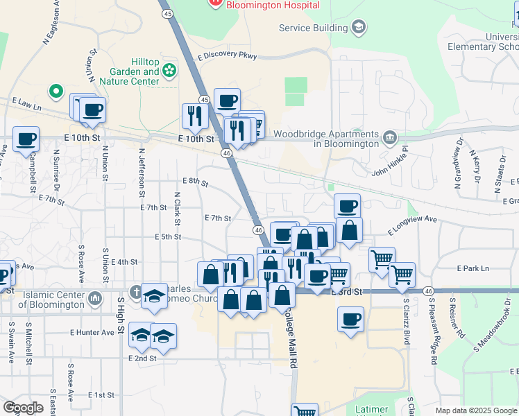 map of restaurants, bars, coffee shops, grocery stores, and more near 125 South State Road 446 in Bloomington