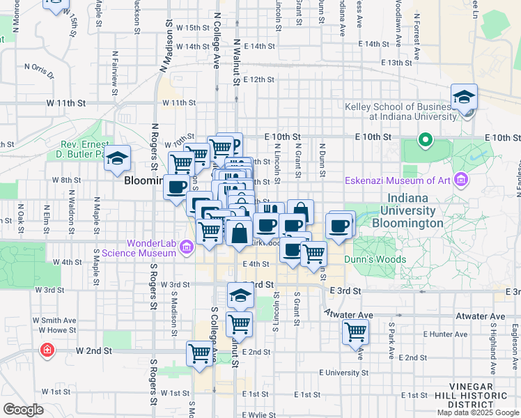 map of restaurants, bars, coffee shops, grocery stores, and more near 210 North Washington Street in Bloomington