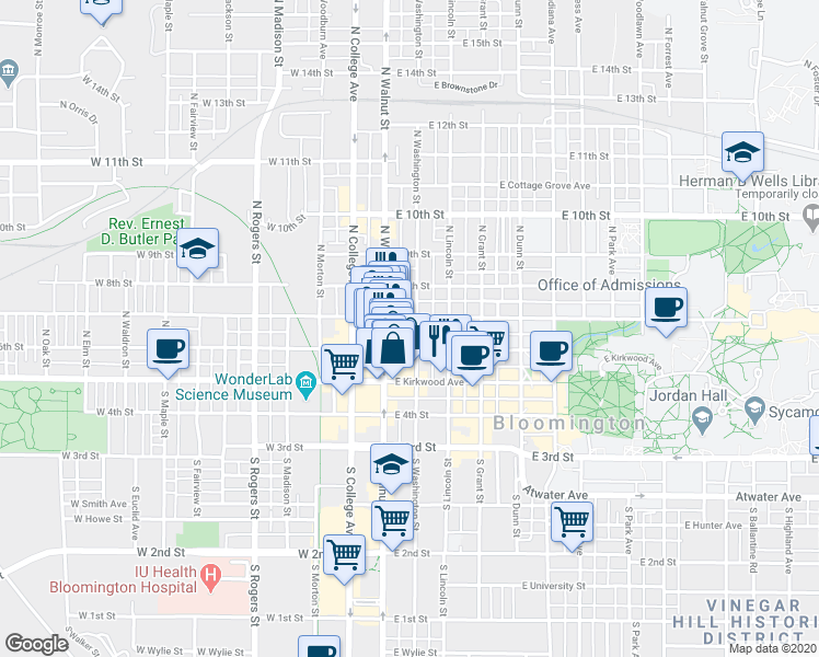 map of restaurants, bars, coffee shops, grocery stores, and more near 210 North Washington Street in Bloomington