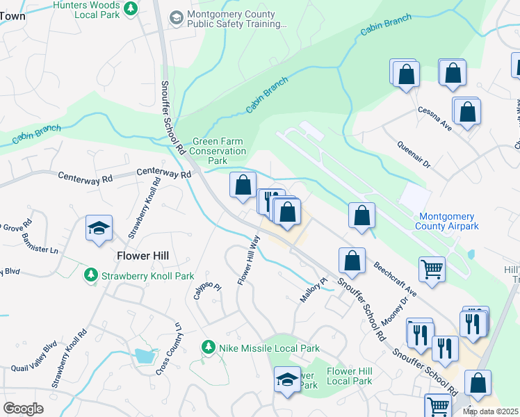 map of restaurants, bars, coffee shops, grocery stores, and more near 18920 Earhart Court in Gaithersburg