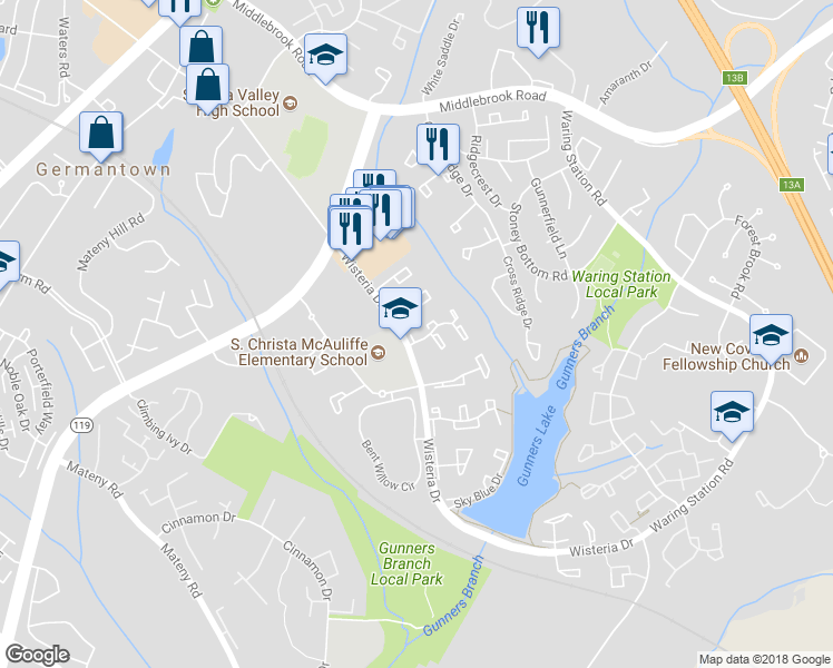 map of restaurants, bars, coffee shops, grocery stores, and more near 12505 Starfire Court in Germantown