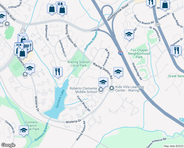 map of restaurants, bars, coffee shops, grocery stores, and more near 4 Leatherbark Court in Germantown