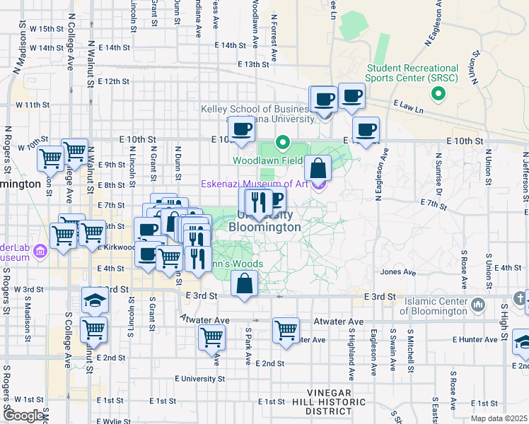 map of restaurants, bars, coffee shops, grocery stores, and more near 940 East 7th Street in Bloomington