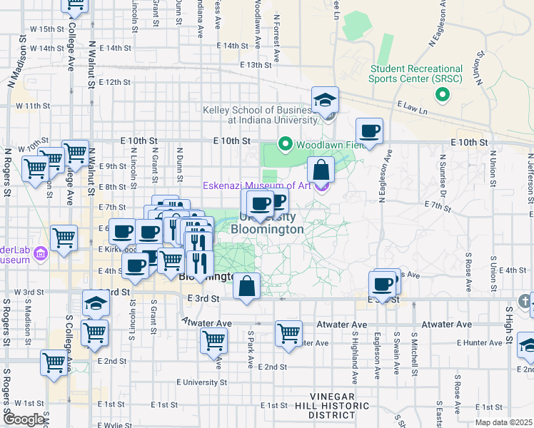 map of restaurants, bars, coffee shops, grocery stores, and more near 940 East 7th Street in Bloomington