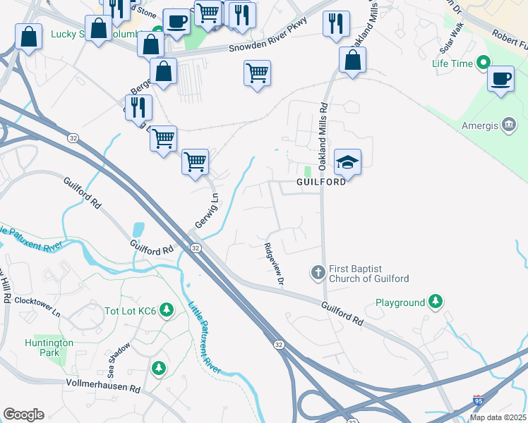 map of restaurants, bars, coffee shops, grocery stores, and more near 9515 Rommel Drive in Columbia