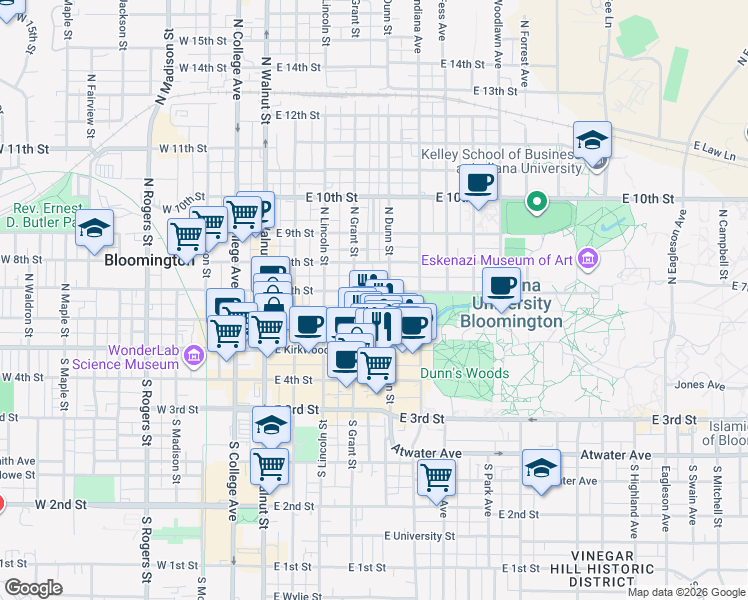 map of restaurants, bars, coffee shops, grocery stores, and more near 400 East 7th Street in Bloomington