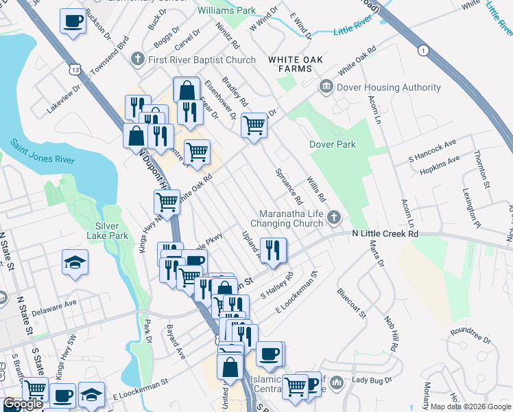 map of restaurants, bars, coffee shops, grocery stores, and more near 81 North Halsey Road in Dover