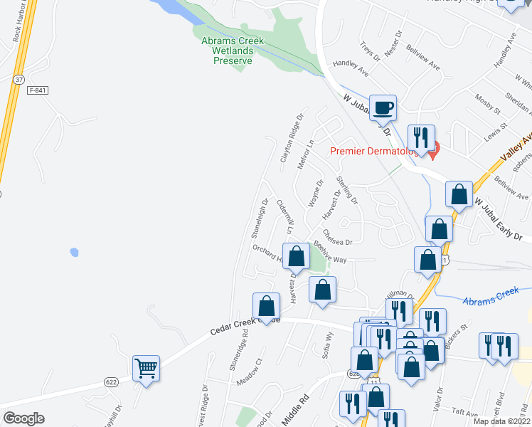 map of restaurants, bars, coffee shops, grocery stores, and more near 2040 Stoneleigh Drive in Winchester