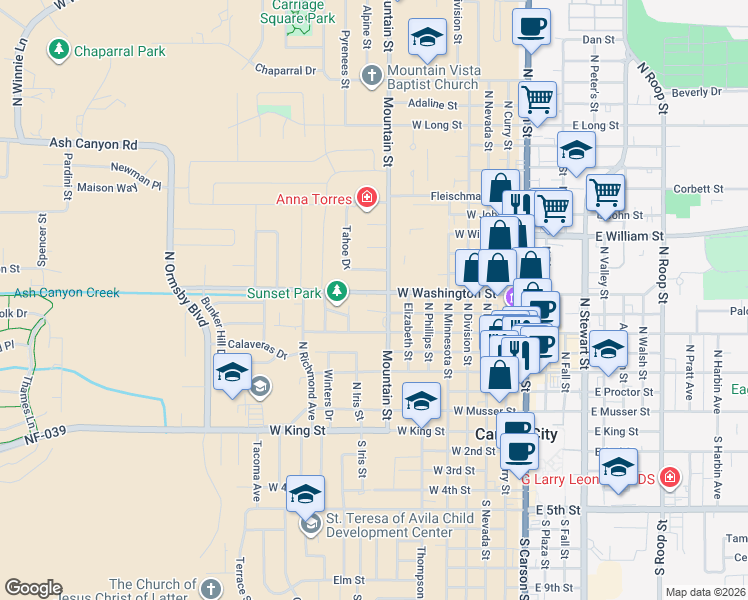 map of restaurants, bars, coffee shops, grocery stores, and more near 811 West Washington Street in Carson City