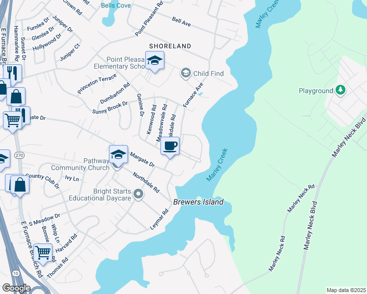 map of restaurants, bars, coffee shops, grocery stores, and more near 7357 Ridgewater Court in Glen Burnie