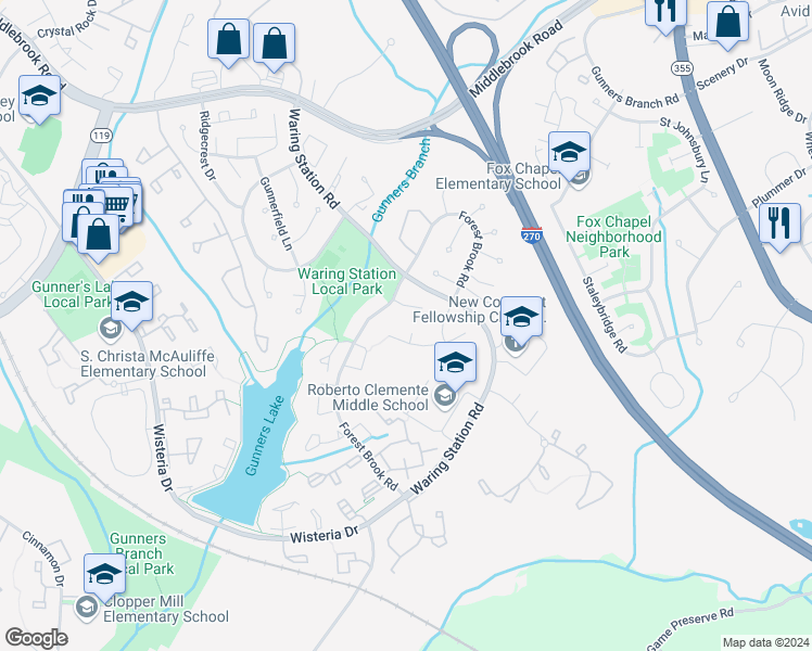 map of restaurants, bars, coffee shops, grocery stores, and more near 4 Leatherbark Court in Germantown