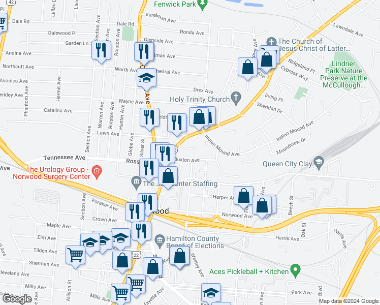 map of restaurants, bars, coffee shops, grocery stores, and more near 2238 Buxton Avenue in Norwood