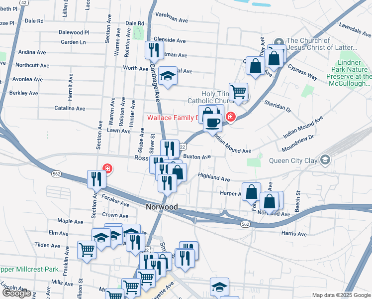 map of restaurants, bars, coffee shops, grocery stores, and more near 2238 Buxton Avenue in Norwood