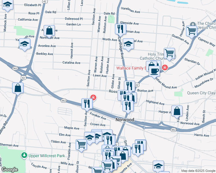 map of restaurants, bars, coffee shops, grocery stores, and more near 2042 Ross Avenue in Cincinnati